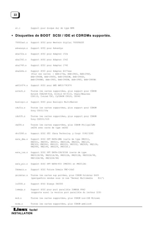 22



  xt.i         Support pour disque dur de type MFM


• Disquettes de BOOT SCSI / IDE et CDROMs supportés.

  7000fast.s   Support SCSI pour Western Digital 7000FASST

  advansys.s   Support SCSI pour AdvanSys

  aha152x.s    Support SCSI pour Adaptec 152x

  aha1542.s    Support SCSI pour Adaptec 1542

  aha1740.s    Support SCSI pour Adaptec 1740

  aha2x4x.s    Support SCSI pour Adaptec AIC7xxx
               (Pour ces cartes : AHA-274x, AHA-2842, AHA-2940,
               AHA-2940W, AHA-2940U, AHA-2940UW, AHA-2944D,
               AHA-2944WD, AHA-3940, AHA-3940W, AHA-3985, AHA-3985W)

  am53c974.s   Support SCSI pour AMD AM53/79C974

  aztech.s     Toutes les cartes supportées, plus support pour CDROM
               Aztech CDA268-01A, Orchid CD-3110, Okano/Wearnes
               CDD110, Conrad TXC, CyCDROM CR520, CR540

  buslogic.s   Support SCSI pour Buslogic MultiMaster

  cdu31a.s     Toutes les cartes supportées, plus support pour CDROM
               Sony CDU31/33a

  cdu535.s     Toutes les cartes supportées, plus support pour CDROM
               Sony CDU531/535

  cm206.s      Toutes les cartes supportées, plus CDROM Philips/LMS
               cm206 avec carte de type cm260

  dtc3280.s    Support SCSI DTC (Data Technolog y Corp) 3180/3280

  eata_dma.s   Support   SCSI DPT EATA-DMA (carte de type PM2011,
               PM2021,   PM2041, PM3021, PM2012B, PM2022, PM2122,
               PM2322,   PM2042, PM3122, PM3222, PM3332, PM2024, PM2124,
               PM2044,   PM2144, PM3224, PM3334.)

  eata_isa.s   Support SCSI DPT EATA-ISA/EISA (carte de type
               PM2011B/9X, PM2021A/9X, PM2012A, PM2012B, PM2022A/9X,
               PM2122A/9X, PM2322A/9X)

  eata_pio.s   Support SCSI DPT EATA-PIO (PM2001 et PM2012A)

  fdomain.s    Support SCSI Future Domain TMC-16x0

  goldstar.s   Toutes les cartes sup portées, plus CDROM Goldstar R420
               (quelquefois vendue sous le nom 'Reveal Multimedia    Kit')

  in2000.s     Support SCSI Always IN2000

  iomega.s     Support SCSI pour port parallèle IOMEGA PPA3
               (supporte aussi la version port parallèle du lecteur ZIP)

  mcd.s        Toutes les cartes supportées, plus CDROM non-IDE Mitsumi

  mcdx.s       Toutes les cartes supportées, plus CDROM amélioré

           facile!
INSTALLATION
 