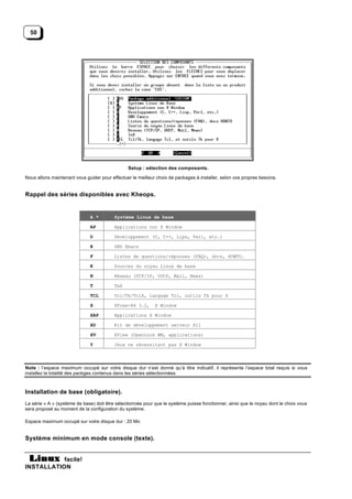 50




                                                Setup : sélection des composants.

Nous allons maintenant vous guider pour effectuer le meilleur choix de packages à installer, selon vos propres besoins.


Rappel des séries disponibles avec Kheops.


                              A *         Système Linux de base

                              AP          Applications non X Window

                              D           Développement (C, C++, Lips, Perl, etc.)

                              E           GNU Emacs

                              F           Listes de questions/réponses (FAQ), docs, HOWTO.

                              K           Sources du noyau Linux de base

                              N           Réseau (TCP/IP, UUCP, Mail, News)

                              T           TeX

                              TCL         Tcl/Tk/TclX, langage Tcl, outils Tk pour X

                              X           XFree-86 3.2,      X Window

                              XAP         Applications X Window

                              XD          Kit de développement serveur X11

                              XV          XView (OpenLook WM, applications)

                              Y           Jeux ne nécessitant pas X Window



Note : l’espace maximum occupé sur votre disque dur n’est donné qu’à titre indicatif, il représente l’espace total requis si vous
installez la totalité des packges contenus dans les séries sélectionnées.



Installation de base (obligatoire).
La série « A » (système de base) doit être sélectionnée pour que le système puisse fonctionner, ainsi que le noyau dont le choix vous
sera proposé au moment de la configuration du système.

Espace maximum occupé sur votre disque dur : 20 Mo


Système minimum en mode console (texte).


           facile!
INSTALLATION
 