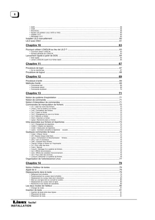 6



                •   AIDE.................................................................................................................................................................................................. 58
                •   VOIR.................................................................................................................................................................................................. 58
                •   NOUVEAU......................................................................................................................................................................................... 58
                •   Ajouter une partition Linux, DOS ou OS/2........................................................................................................................................ 60
                •   Installer LILO..................................................................................................................................................................................... 60
                •   Réinstaller LILO. ............................................................................................................................................................................... 60
          Installer LILO manuellement. ......................................................................................................................60
          LILO avec OS/2 ...........................................................................................................................................61

          Chapitre 10                                                                                                                                                                                                 63
          Pourquoi utiliser LOADLIN au lieu de LILO ? ............................................................................................ 63
                • Comment utiliser LOADLIN............................................................................................................................................................... 63
                • Syntaxe générale de LOADLIN......................................................................................................................................................... 63
          Lancement rapide à partir de DOS. ............................................................................................................64
                • Aide rapide........................................................................................................................................................................................ 64
                • Lancer LOADLIN à partir d’un fichier batch...................................................................................................................................... 65

          Chapitre 11                                                                                                                                                                                                 67
          Procédure de login. .....................................................................................................................................67
                • Ça ne marche pas............................................................................................................................................................................. 67
          Procédure de logout. ...................................................................................................................................68

          Chapitre 12                                                                                                                                                                                                 69
          Procédure d’arrêt. ........................................................................................................................................69
          Méthode d’arrêt............................................................................................................................................69
                • Commande halt................................................................................................................................................................................. 69
                • Commande reboot............................................................................................................................................................................. 69
                • Commande shutdown....................................................................................................................................................................... 70

          Chapitre 13                                                                                                                                                                                                 71
          Notion de système d’exploitation. ..............................................................................................................71
          Notion de commande. .................................................................................................................................71
          Notion d’interpréteur de commandes. ........................................................................................................71
          Commandes de manipulation de fichiers. .................................................................................................72
                •   [ ls ] Lister les noms des fichiers...................................................................................................................................................... 72
                •   [ more ] Voir le contenu d’un fichier................................................................................................................................................. 72
                •   [ cat ] Concaténer des fichiers......................................................................................................................................................... 72
                •   [ cp ] Copier un fichier...................................................................................................................................................................... 72
                •   [ mv ] Changement du nom d’un fichier........................................................................................................................................... 72
                •   [ rm ] Détruire un fichier.................................................................................................................................................................... 73
                •   [ find ] Chercher un fichier................................................................................................................................................................ 73
                •   [ grep ] Recherche dans un fichier................................................................................................................................................... 73
          Infos associées aux fichiers et répertoires. ................................................................................................ 73
                •   [ cd ] Changement de répertoire. ..................................................................................................................................................... 74
                                                       .
                •   [ mkdir ] Création de répertoire. ....................................................................................................................................................... 74
                                                    .
                •   [ rmdir ] Destruction de répertoire. ................................................................................................................................................... 74
                                                         .
                •   [ pwd ] Comment connaître le répertoire courant. ...................................................................................................................... 74
                                                                                      .
          Quelques commandes de base. .................................................................................................................74
                •   [ clear ] Effacer l’écran..................................................................................................................................................................... 74
                •   [ df ] Espace disque (disk free)........................................................................................................................................................ 74
                •   [ gzip ] Compression et Décompression fichiers......................................................................................................................... 75
                                                                                           .
                •   [ kill ] Tuer un processus.................................................................................................................................................................. 75
                •   [ diff ] Compare deux fichiers........................................................................................................................................................... 75
                •   [ /dev/lp ] Dirige un fichier sur l’imprimante. ..................................................................................................................................... 75
                                                                              .
                •   [ ln ] Pour créer des liens.................................................................................................................................................................75
                •   [ man ] Manuel. ................................................................................................................................................................................ 75
                •   [ mount ] Montage d’un système de fichiers.................................................................................................................................... 76
                •   [ ps ] Affiche les processus.............................................................................................................................................................. 76
                •   [ set ] Affiche les variables d’environnement................................................................................................................................... 76
                •   [ tar ] Pour créer des archives.......................................................................................................................................................... 76
                •   [ umount ] Démonter un système de fichiers.................................................................................................................................... 76
          Organisation de l’arborescence Linux. ......................................................................................................77

          Chapitre 14                                                                                                                                                                                                 79
          Notion d’éditeur de textes. ..........................................................................................................................79
          Appel de vi. ..................................................................................................................................................79
          Déplacements dans le texte. ......................................................................................................................79
                •   Défilement de la fenêtre.................................................................................................................................................................... 79
                •   Positionnement du curseur dans la fenêtre...................................................................................................................................... 79
                •   Déplacement du curseur dans les 4 directions. ...............................................................................................................................80
                                                                                .
                •   Aller sur une ligne dont on connaît le numéro.................................................................................................................................. 80
                •   Déplacement du curseur dans la ligne............................................................................................................................................. 80
                                                                   .
                •   Recherche d’une chaîne de caractères............................................................................................................................................ 80
          Les deux modes de l’éditeur. ......................................................................................................................80
                • Changer de mode.............................................................................................................................................................................. 81
          Insertion de texte. ........................................................................................................................................81
                • Insertion de texte entre deux lignes.................................................................................................................................................. 81
                • Effacement de texte.......................................................................................................................................................................... 81
                • Effacement de mots.......................................................................................................................................................................... 81



           facile!
INSTALLATION
 