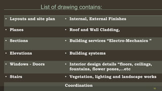 List of drawing contains:
15
• Layouts and site plan • Internal, External Finishes
• Planes • Roof and Wall Cladding,
• Sections • Building services “Electro-Mechanics ”
• Elevations • Building systems
• Windows - Doors • Interior design details “floors, ceilings,
fountains, flower poxes,…etc
• Stairs • Vegetation, lighting and landscape works
Coordination
 
