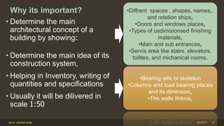 Why its important?
• Determine the main
architectural concept of a
building by showing:
• Determine the main idea of its
construction system,
• Helping in Inventory, writing of
quantities and specifications
• Usually it will be dilivered in
scale 1:50
2/6/2017By Dr. Ebtehal Galal 21
•Diffrent spaces , shapes, names,,
and relation ships,
•Doors and windows places,
•Types of usdimisionsed finishing
materials,
•Main and sub entrances,
•Servis area like stairs, elevators,
toilites, and michanical rooms.
•Bearing wlls or skeleton
•Columns and load bearing places
and its diminsion,
•The walls thiknis,
 