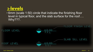 • 6mm (scale 1:50) circle that indicate the finishing floor
level in typical floor, and the slab surface for the roof….
Why???.
2/6/2017By Dr. Ebtehal Galal 30
3-levels
 