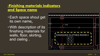 -Finishing materials indicators
and Space name
• Each space shoul get
its own name,
• With description of its
finishing materials for
walls, floor, skirting,
and cieling .
2/6/2017By Dr. Ebtehal Galal 56
 