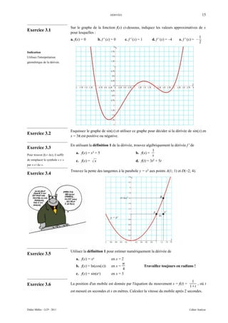 DÉRIVÉES                                                        15


                                  Sur le graphe de la fonction f(x) ci-dessous, indiquez les valeurs approximatives de x
Exercice 3.1                      pour lesquelles :
                                                                                                                       1
                                  a. f(x) = 0       b. f ' (x) = 0   c. f ' (x) = 1    d. f ' (x) = –4  e. f ' (x) = –
                                                                                                                       2

Indication
Utilisez l'interprétation
géométrique de la dérivée.




                                  Esquissez le graphe de sin(x) et utilisez ce graphe pour décider si la dérivée de sin(x) en
Exercice 3.2
                                  x = 3π est positive ou négative.

                                  En utilisant la définition 1 de la dérivée, trouvez algébriquement la dérivée f ' de
Exercice 3.3
                                                                                           1
Pour trouver f(x+∆x), il suffit
                                     a. f(x) = x3 + 5                           b. f(x) =
                                                                                           x
de remplacer le symbole « x »        c. f(x) =  x                              d. f(t) = 3t2 + 5t
par « x+∆x ».

                                  Trouvez la pente des tangentes à la parabole y = x2 aux points A(1; 1) et D(−2; 4).
Exercice 3.4




                                  Utilisez la définition 1 pour estimer numériquement la dérivée de
Exercice 3.5
                                     a. f(x) = xx            en x = 2
                                                                    
                                     b. f(x) = ln(cos(x))    en x =                Travaillez toujours en radians !
                                                                     4
                                     c. f(x) = sin(ex)       en x = 3
                                                                                                                  1
Exercice 3.6                      La position d'un mobile est donnée par l'équation du mouvement s = f(t) =
                                                                                                                 1t
                                                                                                                     , où t
                                  est mesuré en secondes et s en mètres. Calculez la vitesse du mobile après 2 secondes.



Didier Müller - LCP - 2011                                                                                        Cahier Analyse
 