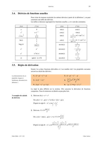 DÉRIVÉES                                                                            19



3.4.        Dérivées de fonctions usuelles
                                Pour éviter de toujours recalculer les mêmes dérivées à partir de la définition 1, on peut
                                construire une table des dérivées.
                                Les tables ci-dessous regroupent les fonctions usuelles. a et n sont des constantes.

                 f (x)                f ' (x)                                                 f (x)                           f ' (x)
                  a                       0                                                  sin(x)                       cos(x)
                      n                       n– 1
                  x                  n⋅x                                                 cos(x)                         –sin(x)
                          1
                                        1                                                                           1           2
                 x= x    2                                                                  tan(x)                 2     =1tan  x
                                      2 x                                                                       cos  x
                                         1                                                                          1             2
                 ln(x)                                                                       cot(x)             − 2 =−1−cot  x
                                         x                                                                       sin  x
                loga(x)                  1                                                                                 1
                                                                                        arcsin(x)
                                     x ln a                                                                             1 – x2
                      x                       x                                                                               1
                  e                       e                                             arccos(x)                         −
                                                                                                                            1 – x2
                      x               x                                                                                      1
                  a                 a ln a                                            arctan(x)                               2
                                                                                                                           1 x
                                                                                                                              1
                  |x|            sgn(x) (x ≠ 0)                                         arccot(x)                         −       2
                                                                                                                            1x


3.5.        Règles de dérivation
                                Soient f et g deux fonctions dérivables et λ un nombre réel. Les propriétés suivantes
                                servent au calcul des dérivées :

Les démonstrations de ces          1. (f + g) ' = f ' + g'                                            2. (f – g) ' = f ' – g'
propriétés, longues et                                                                                           '

fastidieuses, découlent de la
définition 1.
                                   3. (λ·f) ' = λ·f '                                                 4.       
                                                                                                               f
                                                                                                               g
                                                                                                                 =
                                                                                                                   f ' g – f g'
                                                                                                                        g
                                                                                                                          2


                                   5. (f·g) ' = f ' ·g + f·g'                                         6.  g° f '=g ' ° f ⋅f '

                                La règle la plus difficile est la sixième. Elle concerne la dérivation de fonctions
                                composées. Nous la traiterons en détails un peu plus loin.

3 exemples de calculs           1. Dérivons h(x) = ex + x3
de dérivées
                                   On a f(x) = ex , g(x) = x3 et h(x) = f(x) + g(x).

                                                                 
                                   D'après la règle 1 : h'  x=e x  3 x2
                                                                    f '        g'


                                                        sin  x
                                2. Dérivons h x=           x
                                                           e

                                                                                             f  x
                                   On a f(x) = sin(x) , g(x) = ex et h x=
                                                                                             g  x

                                                                          f'        g           f      g'


                                   D'après la règle 4 : h'  x=
                                                                      sin x  =
                                                                    cos  x⋅e – ⋅e cos  x−sin  x
                                                                                    x                      x

                                                                                        x 2                           x
                                                                              
                                                                              e            e
                                                                                        g2




Didier Müller - LCP - 2011                                                                                                              Cahier Analyse
 