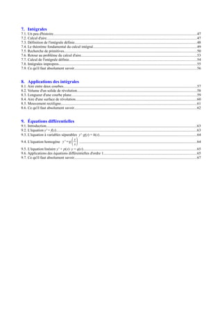 7. Intégrales
7.1. Un peu d'histoire..........................................................................................................................................................47
7.2. Calcul d'aire.................................................................................................................................................................47
7.3. Définition de l'intégrale définie...................................................................................................................................48
7.4. Le théorème fondamental du calcul intégral...............................................................................................................49
7.5. Recherche de primitives..............................................................................................................................................50
7.6. Retour au problème du calcul d'aire............................................................................................................................53
7.7. Calcul de l'intégrale définie.........................................................................................................................................54
7.8. Intégrales impropres....................................................................................................................................................55
7.9. Ce qu'il faut absolument savoir...................................................................................................................................56


8. Applications des intégrales
8.1. Aire entre deux courbes...............................................................................................................................................57
8.2. Volume d'un solide de révolution................................................................................................................................58
8.3. Longueur d'une courbe plane.......................................................................................................................................59
8.4. Aire d'une surface de révolution..................................................................................................................................60
8.5. Mouvement rectiligne..................................................................................................................................................61
8.6. Ce qu'il faut absolument savoir...................................................................................................................................62


9. Équations différentielles
9.1. Introduction.................................................................................................................................................................63
9.2. L'équation y' = f(x).......................................................................................................................................................63
9.3. L'équation à variables séparables y'⋅ g(y) = h(x)........................................................................................................64
9.4. L'équation homogène y' =g
                                               y
                                               x  ..............................................................................................................................64
9.5. L'équation linéaire y' + p(x)⋅ y = q(x)..........................................................................................................................65
9.6. Applications des équations différentielles d'ordre 1....................................................................................................65
9.7. Ce qu'il faut absolument savoir...................................................................................................................................67
 