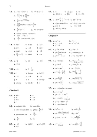 71                                                                   ANALYSE


7.6. a. x·sinx + cosx + C                    b. e–x(–1–x) + C             8.4. a. π                  b. 35  2            c. 8π
                                                                                d. 40  82          e. 24π                f. 24.1179
                               
                  4
                 x          1
         c.        ln∣4 x∣ – C
                 4          4
                                                                                             4
                                                                                        t 2
         d.
                 2
                    x – 2   x1C                                      8.5. a. st = – t3 t1 b. s(t) = 2t2 + t
                                                                                             4   3
                 3
         e.       
                 2 1
                 3 3                           
                       sin 3 x – x cos 3 x C
                                                                                c. s(t) = –cos(2t)–t–2
                                                                                e. 2/3; 3
                                                                                                              d. s = 2/π; v=1; a=0
                                                                                                              f. –10/3; 17/3
                 1 2                                                            g. 204/25; 204/25
         f.        ln  xC                 g. et(t2–2t+2) + C
                 2
         h. −x2cosx + 2xsinx + 2cosx + C
         i. e x  x2 – x2C                                             Chapitre 9
               1 –x
         j. – e cos  xsin  xC
               2
                                                                          9.1. a. xy' = y                    b. y' = y
                                                                                c. y'' + y = 0               d. xy'' – y' = 0
7.8. a. 65/4                   b. 81/10               c. 22/3                   e. y''' = 0
         d. 2/3                e. –1/3                f. 52/3
                                                                          9.2. a. y = α, ∈ℝ                 b. y = α x2
         g. 844/5              h. –55/3               i.    2                        1 2
              2                                                                 c. y= sin  x             d. y = arctan(x) + α
                                                                                     2
         j.     2  3         k. 0.868               l. −2π
             9                                                                  e. y=  1 x 2             f. y = x – ln(x+1)2 + α

                                                                                                                             1
7.9. a. 12                     b. 1/6                 c. 15/2             9.3. a. y = α sin(x)               b. y=
                                                                                                                     ln ∣  x1∣
         d. 37/12                                                               c. y = α xk                  d. y = sin(x2 + α)
                                                                                                 1
                                          1                                     e. y=3 e       x
                                                                                                             f. y=± x 2
7.10. a. 5/2                   b. 2 –
                                         2
7.11. a. 1                     b. diverge             c. ln(5/3)                         ∣1 2
                                                                                g. y=ln  x
                                                                                          2          ∣       h. y=ln   ∣ ∣1
                                                                                                                           − x

         d. 1/2                e. –1/4                f. 1/3                             2
                                                                                       x                             3
                                                                          9.4. a. y=                         b. y= x  ln ∣ x3∣
         g. 0                  h. 0                   i. diverge                        2x

         j. diverge            k. ln(1/2)             l. 2                      c. y= x⋅ln
                                                                                           
                                                                                            x              d. x=± y  – 2ln  y


                                                                          9.5. a. y = −2cos2(x) + α cos(x)
Chapitre 8                                                                                       1

                                                                                b. y=1 e x
                                                                                                         2
                                                                                c. y= – x 2 – 2 ex / 2
8.1. a. 64/3                            b. 9
                                                                                                      1
         c. 9                           d. 5/3                                  d. y= sin  x –
         e. 9/2                         f. 5/2                                                    2sin  x
         g. 1                                                                   e. y = (x + α)(x + 1)2
                                                                                f. y = αx – ln(x) – 1
8.2. a. cylindre : 64π                  b. cône : 24π
                                                                                                                                1
         c. cône tronqué : 21π          d. sphère :
                                                           4
                                                             R
                                                               3          9.6. a. 2x2 + x – 1                   b. y=1
                                                           3                                                                  x
                                                                                        xsin  xcos x
                                               32                               c. y=                           d. y = xe−x
         e. paraboloïde : 8π            f.                                                      x
                                                5                                                                                 2
                                                                                                                           4– x
                 3                                                              e. y = 2ex – 3x – 5             f. y=         3
         g.                            h. 8π                                                                               x
                 5

                                                                                                                            
                                                                                                                                      2
                                                                                        –3                                         x
8.3. a.  5                    b. 1.4397              c. 1. 7.6337        9.7. a. y= 2  x1                 b. y= – ln 3 –
                                                                                                                                   2
         d. π/2

Cahier Analyse                                                                                                     Didier Müller - LCP - 2012
 
