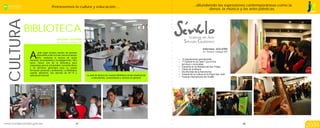 Promovemos la cultura y educación,…                                                                        …difundiendo las expresiones contemporáneas como la
                                                                                                                                                     danza, la música y las artes plásticas.         JESÚS MARÍA
                                                                                                                                                                                                     POSITIVO




CULTURA
          BIBLIOTECA
                                                                                                                                      Galería de Arte
                                       Informes: 423-4760
                                       Av. Horacio Urteaga 535                                                                     Sérvulo Gutiérrez
                                                                                                                                                      Informes: 423-4760
                                                                                                                                                      Av. Horacio Urteaga 535

           A
                     este lugar acuden cientos de jóvenes
                   dispuestos a dar un buen uso a su tiempo
                   libre, mediante la lectura de obras
           literarias, enciclopedias e investigaciones. Otro                                                                   12 exposiciones permanentes
                                                                                                                               ?
           tanto, hacen uso de la Biblioteca para                                                                              1º Festival en la Calle 7 por el Día
                                                                                                                               ?
           prepararse para la universidad, consultar libros                                                                       del Amor y la Amistad
                                                                                                                               ? en la Residencial San Felipe
                                                                                                                               ExpoArte
           y en términos generales para su propia
                                                                                                                               ? la Música
                                                                                                                               Fiesta de
           formación personal y profesional. La Biblioteca
           cuenta, asimismo, con servicio de WI FI y                                                                           Día Mundial de la Astronomía
                                                                                                                               ?
                                                                                                                               ? de la Cultura en la Plaza San José
                                                                                                                               Festival
           cabinas de Internet.                                  La sala de lectura de nuestra Biblioteca recibe diariamente
                                                                                                                               ? Internacional del Graffiti
                                                                                                                               Festival
                                                                     a estudiantes, universitarios y vecinos en general




                                                                                                                                                                                                  Informe de Gestión

                                                          47                                                                                                                    48
                                                                                                                                                                                                  2009
 