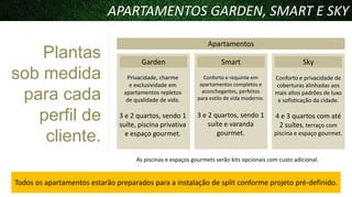 APARTAMENTOS GARDEN, SMART E SKY

Plantas
sob medida
para cada
perfil de
cliente.

Apartamentos
Garden

Smart

Sky

Privacidade, charme
e exclusividade em
apartamentos repletos
de qualidade de vida.

Conforto e requinte em
apartamentos completos e
aconchegantes, perfeitos
para estilo de vida moderno.

Conforto e privacidade de
coberturas alinhadas aos
mais altos padrões de luxo
e sofisticação da cidade.

3 e 2 quartos, sendo 1
suíte, piscina privativa
e espaço gourmet.

3 e 2 quartos, sendo 1
suíte e varanda
gourmet.

4 e 3 quartos com até
2 suítes, terraço com
piscina e espaço gourmet.

As piscinas e espaços gourmets serão kits opcionais com custo adicional.

Todos os apartamentos estarão preparados para a instalação de split conforme projeto pré-definido.

 