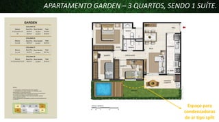 APARTAMENTO GARDEN – 3 QUARTOS, SENDO 1 SUÍTE.

Espaço para
condensadoras
de ar tipo split

 