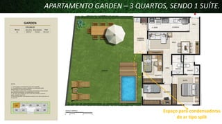 APARTAMENTO GARDEN – 3 QUARTOS, SENDO 1 SUÍTE.

Espaço para condensadoras
de ar tipo split

 