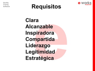e
Quality


             Requisitos
Trainig
Software




           Clara
           Alcanzable
           Inspiradora
           Compartida
           Liderazgo
           Legitimidad
           Estratégica
 