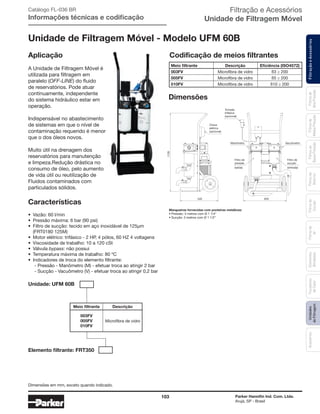 103 Parker Hannifin Ind. Com. Ltda.
Arujá, SP - Brasil
FiltraçãoeAcessóriosFiltrosde
Ar
Unidades
deFiltragem
AcessóriosElementos
Blindados
Trocadores
deCalor
Filtrosde
Sucção
Filtrosde
Retorno
Filtrosde
BaixaPressão
Filtrosde
MédiaPressão
Filtrosde
AltaPressão
Catálogo FL-036 BR
Informações técnicas e codificação
Filtração e Acessórios
Unidade de Filtragem Móvel
Unidade de Filtragem Móvel - Modelo UFM 60B
Aplicação
A Unidade de Filtragem Móvel é
utilizada para filtragem em
paralelo (OFF-LINE) do fluido
de reservatórios. Pode atuar
continuamente, independente
do sistema hidráulico estar em
operação.
Indispensável no abastecimento
de sistemas em que o nível de
contaminação requerido é menor
que o dos óleos novos.
Muito útil na drenagem dos
reservatórios para manutenção
e limpeza.Redução drástica no
consumo de óleo, pelo aumento
de vida útil ou reutilização de
Fluidos contaminados com
particulados sólidos.
Características
• Vazão: 60 l/min
• Pressão máxima: 6 bar (90 psi)
• Filtro de sucção: tecido em aço inoxidável de 125μm
(FRT0180 125M)
• Motor elétrico: trifásico - 2 HP, 4 pólos, 60 HZ 4 voltagens
• Viscosidade de trabalho: 10 a 120 cSt
• Válvula bypass: não possui
• Temperatura máxima de trabalho: 80 ºC
• Indicadores de troca do elemento filtrante:
- Pressão - Manômetro (M) - efetuar troca ao atingir 2 bar
- Sucção - Vacuômetro (V) - efetuar troca ao atingir 0,2 bar
10
15
20
0
525
30
"hg
IND.BRAS.
Tomada
trifásica
(opcional)
Chave
elétrica
(opcional)
Manômetro
Filtro de
pressão
Filtro de
sucção
(saída) (entrada)
620540
1126
Vacuômetro
Dimensões
Meio filtrante Descrição Eficiência (ISO4572)
003FV Microfibra de vidro ß3 ≥ 200
005FV Microfibra de vidro ß5 ≥ 200
010FV Microfibra de vidro ß10 ≥ 200
Codificação de meios filtrantes
Mangueiras fornecidas com ponteiras metálicas:
• Pressão: 3 metros com Ø 1 1/4”
• Sucção: 3 metros com Ø 1 1/2”
Unidade: UFM 60B
Elemento filtrante: FRT350
Meio filtrante
003FV
005FV
010FV
Microfibra de vidro
Descrição
Dimensões em mm, exceto quando indicado.
 