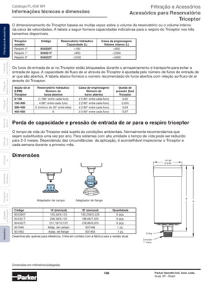 106 Parker Hannifin Ind. Com. Ltda.
Arujá, SP - Brasil
FiltraçãoeAcessóriosFiltrosde
Ar
Unidades
deFiltragem
AcessóriosElementos
Blindados
Trocadores
deCalor
Filtrosde
Sucção
Filtrosde
Retorno
Filtrosde
BaixaPressão
Filtrosde
MédiaPressão
Filtrosde
AltaPressão Catálogo FL-036 BR
Informações técnicas e dimensões
Dimensões
O’ring
101,60
Ø 4.00
B
A
Conexão
1” rosca
Desenhos são apenas para referência. Entre em contato com a fábrica para a versão atual.
Adaptador de campo	 Adaptador de flange
Código	 ‘A’ (mm/pol)	 ‘B’ (mm/pol)	 Quantidade
934330T	 155,58/6,125	 135,256/5,325	 6 pçs.
934331T	 206,38/8,125	 186,06/7,325	 6 pçs.
934332T	 257,18/10,125	 236,86/9,325	 6 pçs.
937546	 Adap. de campo	 937546	 1 pç.
937463	 Adap. de flange	 937463	 1 pç
Triceptor	 Código	 Reservatório hidráulico	 Caixa de engrenagens
modelo		 Capacidade (L)	 Volume interno (L)
Respiro 5”	 934330T	 <190	 <600
Respiro 7”	 934331T	 <800	 <2000
Respiro 9”	 934332T	 <2500	 <4000
Vazão de ar	 Reservatório hidráulico	 Caixa de engrenagens	 Queda de
(LPM)	 Número de	 Número de	 pressão (bar)
Triceptor	 furos abertos	 furos abertos	 Triceptor
0-150	 2 (180° entre cada furo)	 2 (180° entre cada furo)	 0,02
150-300	 4 (90° entre cada furo)	 2 (180° entre cada furo)	 0,035
300-450	 6 (mínimo de 30° entre eles)	 2 (180° entre cada furo)	 0,04
450-600	 8	 2 (180° entre cada furo)	 0,07
Filtração e Acessórios
Acessórios para Reservatório
Triceptor
Dimensões em milímetros/polegadas.
O dimensionamento do Triceptor baseia-se muitas vezes sobre o volume do reservatório ou o volume interno
da caixa de velocidades. A tabela a seguir fornece capacidades indicativas para o respiro do Triceptor nos três
tamanhos disponíveis.
Os furos de entrada de ar no Triceptor estão bloqueados durante o armazenamento e transporte para evitar a
entrada de água. A capacidade de fluxo de ar através do Triceptor é ajustada pelo número de furos de entrada de
ar que são abertos. A tabela abaixo fornece o número recomendado de furos abertos com relação ao fluxo de ar
através do Triceptor.
Perda de capacidade e pressão de entrada de ar para o respiro triceptor
O tempo de vida do Triceptor está sujeito às condições ambientais. Normalmente recomendamos que
sejam substituídos uma vez por ano. Para sistemas com alta umidade o tempo de vida pode ser reduzido
para 2-3 meses. Dependendo das circunstâncias da aplicação, é aconselhável inspecionar o Triceptor a
cada semana durante o primeiro mês.
 