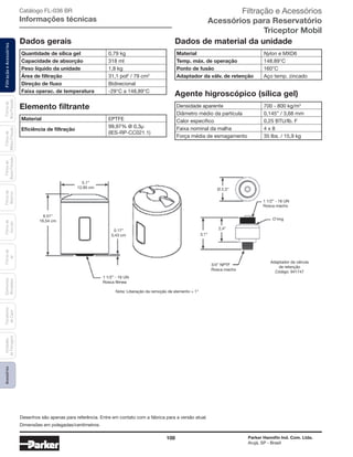 108 Parker Hannifin Ind. Com. Ltda.
Arujá, SP - Brasil
FiltraçãoeAcessóriosFiltrosde
Ar
Unidades
deFiltragem
AcessóriosElementos
Blindados
Trocadores
deCalor
Filtrosde
Sucção
Filtrosde
Retorno
Filtrosde
BaixaPressão
Filtrosde
MédiaPressão
Filtrosde
AltaPressão Catálogo FL-036 BR
Informações técnicas
Dados gerais Dados de material da unidade
Agente higroscópico (sílica gel)
Elemento filtrante
Ø 2,3”
2,4”
3,1”
0.17”
0,43 cm
6.51”
16,54 cm
5.1”
12,95 cm
1 1/2” - 16 UN
Rosca macho
1 1/2” - 16 UN
Rosca fêmea
3/4” NPTF
Rosca macho
O’ring
Adaptador da válvula
de retenção
Código: 941747
Nota: Liberação da remoção de elemento = 1”
Desenhos são apenas para referência. Entre em contato com a fábrica para a versão atual.
Quantidade de sílica gel	 0,79 kg
Capacidade de absorção	 318 ml
Peso líquido da unidade	 1,8 kg
Área de filtração	 31,1 pol2
/ 79 cm2
Direção de fluxo	Bidirecional
Faixa operac. de temperatura	 -29°C a 148,89°C
Material	 Nylon e MXD6
Temp. máx. de operação	 148.89°C
Ponto de fusão	 160°C
Adaptador da válv. de retenção	 Aço temp. zincado
Densidade aparente	 700 - 800 kg/m3
Diâmetro médio da partícula	 0,145” / 3,68 mm
Calor específico	 0,25 BTU/lb. F
Faixa nominal da malha	 4 x 8
Força média de esmagamento	 35 lbs. / 15,9 kg
Material	 EPTFE
Eficiência de filtração
	 99,97% @ 0,3μ
	 (IES-RP-CC021.1)
Filtração e Acessórios
Acessórios para Reservatório
Triceptor Mobil
Dimensões em polegadas/centímetros.
 