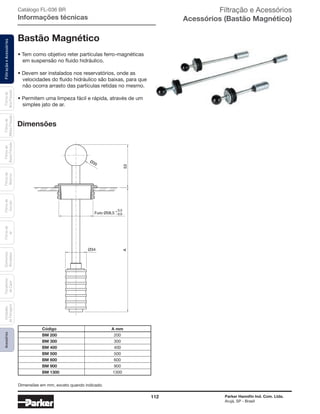 112 Parker Hannifin Ind. Com. Ltda.
Arujá, SP - Brasil
FiltraçãoeAcessóriosFiltrosde
Ar
Unidades
deFiltragem
AcessóriosElementos
Blindados
Trocadores
deCalor
Filtrosde
Sucção
Filtrosde
Retorno
Filtrosde
BaixaPressão
Filtrosde
MédiaPressão
Filtrosde
AltaPressão Catálogo FL-036 BR
Informações técnicas
Bastão Magnético
• Tem como objetivo reter partículas ferro-magnéticas
em suspensão no fluido hidráulico.
• Devem ser instalados nos reservatórios, onde as
velocidades do fluido hidráulico são baixas, para que
não ocorra arrasto das partículas retidas no mesmo.
• Permitem uma limpeza fácil e rápida, através de um
simples jato de ar.
Dimensões
0,0-
0,5+
Furo Ø58,5
A53
Ø35
Ø34
Código A mm
BM 200 200
BM 300 300
BM 400 400
BM 500 500
BM 600 600
BM 900 900
BM 1300 1300
Filtração e Acessórios
Acessórios (Bastão Magnético)
Dimensões em mm, exceto quando indicado.
 
