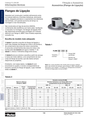 116 Parker Hannifin Ind. Com. Ltda.
Arujá, SP - Brasil
FiltraçãoeAcessóriosFiltrosde
Ar
Unidades
deFiltragem
AcessóriosElementos
Blindados
Trocadores
deCalor
Filtrosde
Sucção
Filtrosde
Retorno
Filtrosde
BaixaPressão
Filtrosde
MédiaPressão
Filtrosde
AltaPressão
Flanges de Ligação
Garantem por construção o perfeito alinhamento entre
os motores elétricos e bombas hidráulicas, eliminando
ruídos, desgaste prematuro e vazamentos nos retentores
das bombas, com grande economia de tempo na
montagem e nas manutenções.
São construídos em liga de alumínio (SAE33),
combinando alta resistência com baixo peso, facilitando
o manuseio na montagem. Os flanges de ligação HDA
são disponíveis somente para montagem em motores
elétricos com flange A, ABNT. Para modelos especiais,
consulte-nos.
Escolha do modelo mais adequado
A tabela 1 permite a escolha do flange de ligação a
partir das medidas dos flanges do motor e da bomba e,
do comprimento dos eixos do motor e da bomba.
A soma dos comprimentos dos eixos do motor e da
bomba deve no máximo ser igual a medida "I" da
tabela 1, menos 2 milímetros (folga entre eixos).
A tabela 2 procura orientar a escolha a partir da carcaça
e marca do motor elétrico, e do comprimento do eixo
e tipo de flange da bomba, que são dados sempre
disponíveis ao projetista.
Entretanto, com esses dados, na tabela 2 você
encontrará no quadro o número correspondente ao
tamanho nominal do flange de ligação, cujas medidas
estão na tabela 1.
Marca dos motores: E - Eberle, S - Siemens, W - Weg.
Nota: Os comprimentos de eixo, tanto do motor como na bomba, são medidos desde a face de apoio dos respectivos flanges.
Tamanho nominal (FLMB)
Motores elétricos Bombas hidráulicas com flange SAE 2 furos
(Flange A, ABNT) (comprimento do eixo em milímetros)
SAE - A SAE - B SAE - C
Carcaça Marcas
Ø eixo Comprimento
45 a 50 51 a 58 59 a 68 52 a 58 59 a 65 58 a 74
mm do eixo mm
80 W, E, S 19 40 - 02 02 - - -
90 W, E, S 24 50 02 02 - - - -
100 W, E, S 28 60 - - 05 07 07 -
112 W, E, S 28 60 - - 05 07 07 -
132 W, E, S 38 80 09 09 10 11 11 -
160 W, E, S 42 110 - 12 12 13 14 15
180 w 48 110 - 12 12 13 14 15
180 S 48 110 - 16 16 17 17 18
180 E 48 110 - 16 16 - 17 18
200 W, E, S 55 110 - 16 16 - 17 18
Tamanho
nominal
FLMB 05 215 A
Flange SAE
da bomba
Número do
flange A, ABNT
Nota: Se o motor escolhido não constar entre os acima, verifique
para o seu tamanho de carcaça, qual a Flange A, ABNT, adotado pelo
fabricante e use a tabela 1. A medida "B" corresponde ao tamanho
nominal do flange pelas normas da ABNT.
Tabela 2
Tabela 1
Catálogo FL-036 BR
Informações técnicas
Filtração e Acessórios
Acessórios (Flange de Ligação)
 