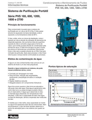 123 Parker Hannifin Ind. Com. Ltda.
Arujá, SP - Brasil
Sistemade
Puriﬁcação
Contadoresde
Partículas
Dispositivode
Amostragem
Classesde
Contaminação
Condicionamentoe
MonitoramentodeFluidos
Condicionamento e Monitoramento de Fluidos
Sistema de Purificação Portátil
PVS 185, 600, 1200, 1800 e 2700
Catálogo FL-036 BR
Informações técnicas
Sistema de Purificação Portátil
Série PVS 185, 600, 1200,
1800 e 2700
Princípio de funcionamento
Óleo contaminado é puxado para o sistema de
purificação por um vácuo de 25 In/Hg. O óleo passa
através do aquecedor de baixa densidade, onde é
aquecido a uma temperatura ideal de 66°C.
O óleo, então, entra na coluna de destilação, onde é
exposto ao vácuo através da utilização de elementos de
dispersão especiais. Isto aumenta a área de superfície
exposta do óleo e converte a água para a forma de
vapor, que é então puxada através do condensador pela
bomba de vácuo. O óleo livre de água cai para o fundo
da coluna e é removido por uma bomba. Esta bomba
força o óleo seco a passar através de um filtro final para
remoção de partículas. Após esse processo o óleo limpo
retorna para o tanque dando continuidade ao processo.
Efeitos da contaminação da água
A água é um dos contaminantes mais comuns em um
sistema de fluido e um dos mais prejudiciais.
Quando a água contamina um sistema, ela pode
causar problemas sérios, como:
• Corrosão por decapagem de metal
• Pane de fluido, redução das propriedades,
lubrificantes, precipitação de aditivo e oxidação
de óleo
• Rigidez dielétrica reduzida
• Desgaste abasivo em componentes hidráulicos
Água livre ocorre quando o óleo torna-se saturado e
não pode mais reter água. Esta água é geralmente vista
como óleo turvo ou poças de água na parte inferior
de um reservatório. A água que é absorvida no óleo
é chamada água dissolvida. Em temperaturas mais
elevadas, o óleo tem a capacidade de reter mais água
na fase de dissolução, devido à expansão das moléculas
de óleo.
À medida que o óleo esfria, essa capacidade se inverte
e a água livre aparecerá onde não era visível antes. Além
da temperatura, o tipo de fluido também determina o
ponto de saturação para o seu sistema (ver quadro ao
lado).
Pontos típicos de saturação
Tipo de fluido PPM %
Fluido hidráulico 300 0,03%
Fluido de lubrificação 400 0,04%
Fluido do transformador 50 0,005%
 