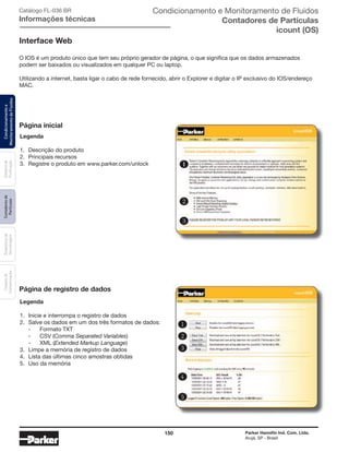 150 Parker Hannifin Ind. Com. Ltda.
Arujá, SP - Brasil
Sistemade
Purificação
Contadoresde
Partículas
Dispositivode
Amostragem
Classesde
Contaminação
Condicionamentoe
MonitoramentodeFluidos Catálogo FL-036 BR
Informações técnicas
Legenda
1.	 Inicie e interrompa o registro de dados
2.	 Salve os dados em um dos três formatos de dados:
	 -	 Formato TXT
	 -	 CSV (Comma Separated Variables)
	 -	 XML (Extended Markup Language)
3.	 Limpe a memória de registro de dados
4.	 Lista das últimas cinco amostras obtidas
5.	 Uso da memória
Legenda
1.	 Descrição do produto
2.	 Principais recursos
3.	 Registre o produto em www.parker.com/unlock
Página de registro de dados
Página inicial
Interface Web
O IOS é um produto único que tem seu próprio gerador de página, o que significa que os dados armazenados
podem ser baixados ou visualizados em qualquer PC ou laptop.
Utilizando a internet, basta ligar o cabo de rede fornecido, abrir o Explorer e digitar o IP exclusivo do IOS/endereço
MAC.
Condicionamento e Monitoramento de Fluidos
Contadores de Partículas
icount (OS)
 