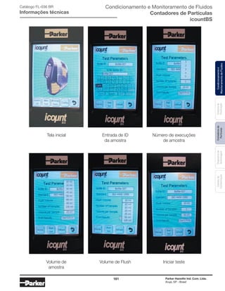 161 Parker Hannifin Ind. Com. Ltda.
Arujá, SP - Brasil
Sistemade
Purificação
Contadoresde
Partículas
Dispositivode
Amostragem
Classesde
Contaminação
Condicionamentoe
MonitoramentodeFluidos
Condicionamento e Monitoramento de Fluidos
Contadores de Partículas
icountBS
Catálogo FL-036 BR
Informações técnicas
Tela inicial Entrada de ID
da amostra
Número de execuções
de amostra
Volume de
amostra
Volume de Flush Iniciar teste
 