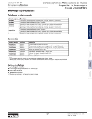 167 Parker Hannifin Ind. Com. Ltda.
Arujá, SP - Brasil
Sistemade
Purificação
Contadoresde
Partículas
Dispositivode
Amostragem
Classesde
Contaminação
Condicionamentoe
MonitoramentodeFluidos
Condicionamento e Monitoramento de Fluidos
Dispositivo de Amostragem
Frasco universal UBS
Catálogo FL-036 BR
Informações técnicas
Notas:
1 - Os números de peça com códigos em negrito garantem uma seleção de produto ‘padrão’.
2 - A seleção de número de peça alternativa requer que se contate a Parker Filtration para que se verifique a disponibilidade.
Aplicações típicas
•	Amostragem em lotes
•	Certificação de plataformas de aeronaves
•	Pesquisa de óleos
•	Testes laboratoriais
•	Monitoramento em linha de transferências
Informações para pedidos
Tabelas de produtos padrão
Número de peça	 Descrição
UBS9002 	 Dispositivo de amostragem universal (inclui caixa de alumínio e acessórios)
UBS9003 	 Dispositivo de amostragem de frasco universal
UBS9004 	 Dispositivo de amostragem com frasco universal para fluidos de fosfato éster
UBS9005	 Dispositivo de amostragem universal (inclui caixa de alumínio e acessórios)
	 Dispositivo de amostragem universal (inclui caixa de alumínio e acessórios)
Acessórios
	 Dispositivo de amostragem de frasco universal 	
	 Dispositivo de amostragem com frasco universal para fluidos de fosfato éster 	
	 Dispositivo de amostragem universal (inclui caixa de alumínio e acessórios)	
Número de peça	 Substitui	 Descrição
ACC6NK001	 B89907	 Frasco de amostragem (2/pacote)
ACC6NW001	 B89911	 Frasco de amostragem com mangueira de extração (2/pacote)
ACC6NW002	 B89910	 Frasco de amostragem com mangueira de extração (50/pacote)
ACC6NK002	 S840054	 Fonte de alimentação do UBS
ACC6NK003	 S890005	 Câmara de desgaseificação e bomba UBS
ACC6NK004	 B89603	 Apenas câmara de desgaseificação UBS
ACC6NK005	 B89902	 Cabo e adaptador
Acessórios
 