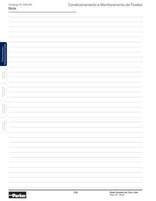 174 Parker Hannifin Ind. Com. Ltda.
Arujá, SP - Brasil
Condicionamento e Monitoramento de FluidosCatálogo FL-036 BR
Nota
Condicionamentoe
MonitoramentodeFluidos
Sistemade
Purificação
Contadoresde
Partículas
Dispositivode
Amostragem
Classesde
Contaminação
 