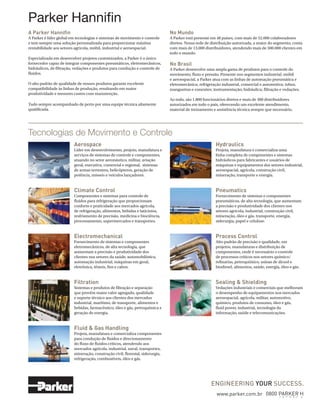 Parker Hannifin
A Parker Hannifin
A Parker é líder global em tecnologias e sistemas de movimento e controle
e tem sempre uma solução personalizada para proporcionar máxima
rentabilidade aos setores agrícola, móbil, industrial e aeroespacial.
Especializada em desenvolver projetos customizados, a Parker é o único
fornecedor capaz de integrar componentes pneumáticos, eletromecânicos,
hidráulicos, de filtração, vedações e produtos para condução e controle de
fluidos.
O alto padrão de qualidade de nossos produtos garante excelente
compatibilidade às linhas de produção, resultando em maior
produtividade e menores custos com manutenção.
Tudo sempre acompanhado de perto por uma equipe técnica altamente
qualificada.
Tecnologias de Movimento e Controle
Fluid & Gas Handling
Projeta, manufatura e comercializa componentes
para condução de fluidos e direcionamento
do fluxo de fluidos críticos, atendendo aos
mercados agrícola, industrial, naval, transportes,
mineração, construção civil, florestal, siderurgia,
refrigeração, combustíveis, óleo e gás.
Aerospace
Líder em desenvolvimento, projeto, manufatura e
serviços de sistemas de controle e componentes,
atuando no setor aeronáutico, militar, aviação
geral, executiva, comercial e regional, sistemas
de armas terrestres, helicópteros, geração de
potência, mísseis e veículos lançadores.
Hydraulics
Projeta, manufatura e comercializa uma
linha completa de componentes e sistemas
hidráulicos para fabricantes e usuários de
máquinas e equipamentos dos setores industrial,
aeroespacial, agrícola, construção civil,
mineração, transporte e energia.
Climate Control
Componentes e sistemas para controle de
fluidos para refrigeração que proporcionam
conforto e praticidade aos mercados agrícola,
de refrigeração, alimentos, bebidas e laticínios,
resfriamento de precisão, medicina e biociência,
processamento, supermercados e transportes.
Pneumatics
Fornecimento de sistemas e componentes
pneumáticos, de alta tecnologia, que aumentam
a precisão e produtividade dos clientes nos
setores agrícola, industrial, construção civil,
mineração, óleo e gás, transporte, energia,
siderurgia, papel e celulose.
Electromechanical
Fornecimento de sistemas e componentes
eletromecânicos, de alta tecnologia, que
aumentam a precisão e produtividade dos
clientes nos setores da saúde, automobilístico,
automação industrial, máquinas em geral,
eletrônica, têxteis, fios e cabos.
Process Control
Alto padrão de precisão e qualidade, em
projetos, manufaturas e distribuição de
componentes, onde é necessário o controle
de processos críticos nos setores químico/
refinarias, petroquímico, usinas de álcool e
biodiesel, alimentos, saúde, energia, óleo e gás.
Filtration
Sistemas e produtos de filtração e separação
que provêm maior valor agregado, qualidade
e suporte técnico aos clientes dos mercados
industrial, marítimo, de transporte, alimentos e
bebidas, farmacêutico, óleo e gás, petroquímica e
geração de energia.
Sealing & Shielding
Vedações industriais e comerciais que melhoram
o desempenho de equipamentos nos mercados
aeroespacial, agrícola, militar, automotivo,
químico, produtos de consumo, óleo e gás,
fluid power, industrial, tecnologia da
informação, saúde e telecomunicações.
No Mundo
A Parker está presente em 48 países, com mais de 52.000 colaboradores
diretos. Nossa rede de distribuição autorizada, a maior do segmento, conta
com mais de 13.000 distribuidores, atendendo mais de 500.000 clientes em
todo o mundo.
No Brasil
A Parker desenvolve uma ampla gama de produtos para o controle do
movimento, fluxo e pressão. Presente nos segmentos industrial, móbil
e aeroespacial, a Parker atua com as linhas de automação pneumática e
eletromecânica; refrigeração industrial, comercial e automotiva; tubos,
mangueiras e conexões; instrumentação; hidráulica; filtração e vedações.
Ao todo, são 1.800 funcionários diretos e mais de 300 distribuidores
autorizados em todo o país, oferecendo um excelente atendimento,
material de treinamento e assistência técnica sempre que necessário.
www.parker.com.br
 