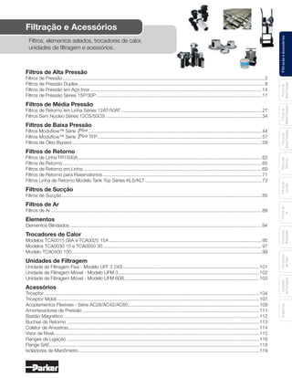 FiltraçãoeAcessóriosFiltrosde
AltaPressão
Filtrosde
MédiaPressão
Filtrosde
BaixaPressão
Filtrosde
Retorno
Filtrosde
Sucção
Filtrosde
Ar
Unidades
deFiltragem
AcessóriosElementos
Blindados
Trocadores
deCalor
Índice geral
Filtros de Alta Pressão
Filtros de Pressão........................................................................................................................................................2
Filtros de Pressão Duplex ............................................................................................................................................8
Filtros de Pressão em Aço Inox .................................................................................................................................14
Filtros de Pressão Séries 15P/30P.............................................................................................................................17
Filtros de Média Pressão
Filtros de Retorno em Linha Séries 12AT/50AT..........................................................................................................27
Filtros Sem Núcleo Séries 12CS/50CS ......................................................................................................................34
Filtros de Baixa Pressão
Filtros Moduﬂow™ Série ...................................................................................................................................44
Filtros Moduﬂow™ Série TFP............................................................................................................................57
Filtros de Óleo Bypass...............................................................................................................................................59
Filtros de Retorno
Filtros de Linha FR1500A...........................................................................................................................................62
Filtros de Retorno......................................................................................................................................................65
Filtros de Retorno em Linha.......................................................................................................................................69
Filtros de Retorno para Reservatórios........................................................................................................................71
Filtros Linha de Retorno Modelo Tank Top Séries KLS/KLT........................................................................................73
Filtros de Sucção
Filtros de Sucção.......................................................................................................................................................85
Filtros de Ar
Filtros de Ar ...............................................................................................................................................................89
Elementos
Elementos Blindados.................................................................................................................................................94
Trocadores de Calor
Modelos TCA0015 08A e TCA0025 15A ...................................................................................................................95
Modelos TCA0030 15 e TCA0050 30........................................................................................................................97
Modelo TCA0400 100 ...............................................................................................................................................99
Unidades de Filtragem
Unidade de Filtragem Fixa - Modelo UFF 3 24S.......................................................................................................101
Unidade de Filtragem Móvel - Modelo UFM 3..........................................................................................................102
Unidade de Filtragem Móvel - Modelo UFM 60B......................................................................................................103
Acessórios
Triceptor..................................................................................................................................................................104
Triceptor Mobil.........................................................................................................................................................107
Acoplamentos Flexíveis - Série AC28/AC42/AC60...................................................................................................109
Amortecedores de Pressão .....................................................................................................................................111
Bastão Magnético ...................................................................................................................................................112
Buchas de Retorno .................................................................................................................................................113
Coletor de Amostras................................................................................................................................................114
Visor de Nível...........................................................................................................................................................115
Flanges de Ligação .................................................................................................................................................116
Flange SAE..............................................................................................................................................................118
Isoladores de Manômetro........................................................................................................................................119
Filtração e Acessórios
Filtros, elementos selados, trocadores de calor,
unidades de ﬁltragem e acessórios.
 