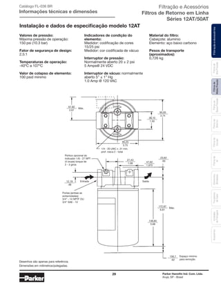 29 Parker Hannifin Ind. Com. Ltda.
Arujá, SP - Brasil
FiltraçãoeAcessóriosFiltrosde
MédiaPressão
Filtrosde
BaixaPressão
Filtrosde
Retorno
Filtrosde
Sucção
Filtrosde
Ar
Unidades
deFiltragem
AcessóriosElementos
Blindados
Trocadores
deCalor
Filtrosde
AltaPressão
Catálogo FL-036 BR
Informações técnicas e dimensões
Valores de pressão:
Máxima pressão de operação:
150 psi (10.3 bar)
Fator de segurança de design:
2.5:1
Temperaturas de operação:
-40ºC a 107ºC
Valor de colapso de elemento:
100 psid mínimo
Indicadores de condição do
elemento:
Medidor: codificação de cores
15/25 psi
Medidor: cor codificada de vácuo
Interruptor de pressão:
Normalmente aberto 20 ± 2 psi
5 Amps@ 24 VDC
Interruptor de vácuo: normalmente
aberto 5” ± 1” Hg
1.0 Amp @ 120 VAC
Material do filtro:
Cabeçote: alumínio
Elemento: aço baixo carbono
Pesos de transporte
(aproximados):
0,726 kg
67,82
172,97
156,7
148,84
12,19
38,10
95,00
27,43
47,62
23,62
SaídaEntrada
Máx.
Máx.
Espaço mínimo
para remoção
Desenhos são apenas para referência.
2.67
6.81
.62
5.68
.48
1.50
3.74
1.08
1.875
.93
95,25
3.75
1/4 - 20 UNC x .31 min.
prof. rosca 2 - total
Pórtico opcional do
indicador 1/8 - 27 NPT
(4 locais) torque de
2 - 3 giros
Portas (ambas as
extremidades)
3/4” - 14 NPTF OU
3/4” SAE - 12
Instalação e dados de especificação modelo 12AT
Dimensões em milímetros/polegadas.
Filtração e Acessórios
Filtros de Retorno em Linha
Séries 12AT/50AT
 