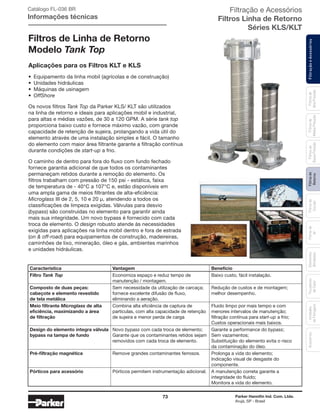73 Parker Hannifin Ind. Com. Ltda.
Arujá, SP - Brasil
FiltraçãoeAcessóriosFiltrosde
Retorno
Filtrosde
Sucção
Filtrosde
Ar
Unidades
deFiltragem
AcessóriosElementos
Blindados
Trocadores
deCalor
Filtrosde
BaixaPressão
Filtrosde
MédiaPressão
Filtrosde
AltaPressão
Filtração e Acessórios
Filtros Linha de Retorno
Séries KLS/KLT
Catálogo FL-036 BR
Informações técnicas
Filtros de Linha de Retorno
Modelo Tank Top
Aplicações para os Filtros KLT e KLS
•	 Equipamento da linha mobil (agrícolas e de construação)
•	 Unidades hidráulicas
•	 Máquinas de usinagem
•	 OffShore
Os novos filtros Tank Top da Parker KLS/ KLT são utilizados
na linha de retorno e ideais para aplicações mobil e industrial,
para altas e médias vazões, de 30 a 120 GPM. A série tank top
proporciona baixo custo e fornece máximo vazão, com grande
capacidade de retenção de sujeira, prolangando a vida útil do
elemento através de uma instalação simples e fácil. O tamanho
do elemento com maior área filtrante garante a ﬁltração contínua
durante condições de start-up a frio.
O caminho de dentro para fora do fluxo com fundo fechado
fornece garantia adicional de que todos os contaminantes
permaneçam retidos durante a remoção do elemento. Os
filtros trabalham com pressão de 150 psi - estática, faixa
de temperatura de - 40°C a 107°C e, estão disponíveis em
uma ampla gama de meios filtrantes de alta-eficiência:
Microglass III de 2, 5, 10 e 20 µ, atendendo a todos os
classificações de limpeza exigidas. Válvulas para desvio
(bypass) são construídas no elemento para garantir ainda
mais sua integridade. Um novo bypass é fornecido com cada
troca de elemento. O design robusto atende às necessidades
exigidas para aplicações na linha mobil dentro e fora de estrada
(on & off-road) para equipamentos de construção, madeireiras,
caminhões de lixo, mineração, óleo e gás, ambientes marinhos
e unidades hidráulicas.
Característica	Vantagem	 Benefício
Filtro Tank Top	 Economiza espaço e reduz tempo de	 Baixo custo, fácil instalação.
	 manutenção / montagem.
Composto de duas peças: 	 Sem necessidade da utilização de carcaça;	 Redução de custos e de montagem;
cabeçote e elemento revestido	 fornece excelente difusão de fluxo,	 melhor desempenho.
de tela metálica	 eliminando a aeração.
Meio filtrante Microglass de alta	 Combina alta eficiência de captura de	 Fluido limpo por mais tempo e com
eficiência, maximizando a área	 partículas, com alta capacidade de retenção 	 menores intervalos de manutenção;
de filtração	 de sujeira e menor perda de carga	 filtração contínua para start-up a frio;
		 Custos operacionais mais baixos.
Design do elemento integra válvula	 Novo bypass com cada troca de elemento;	 Garante a performance do bypass;
bypass na tampa de fundo	 Garante que os contaminantes retidos sejam 	 Sem vazamentos;
	 removidos com cada troca de elemento.	 Substituição do elemento evita o risco
		 da contaminação do óleo.
Pré-filtração magnética	 Remove grandes contaminantes ferrosos.	 Prolonga a vida do elemento;
		 Indicação visual de desgaste do
		 componente.
Pórticos para acessório	 Pórticos permitem instrumentação adicional.	 A manutenção correta garante a
		 integridade do fluido;
		 Monitora a vida do elemento.
 