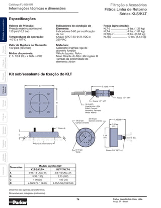 74 Parker Hannifin Ind. Com. Ltda.
Arujá, SP - Brasil
FiltraçãoeAcessóriosFiltrosde
Retorno
Filtrosde
Sucção
Filtrosde
Ar
Unidades
deFiltragem
AcessóriosElementos
Blindados
Trocadores
deCalor
Filtrosde
BaixaPressão
Filtrosde
MédiaPressão
Filtrosde
AltaPressão Filtração e Acessórios
Filtros Linha de Retorno
Séries KLS/KLT
Catálogo FL-036 BR
Informações técnicas e dimensões
Valores de Pressão:
Pressão máxima admissível:
150 psi (10,3 bar)
Temperaturas de operação:
-40°C a 107°C
Valor de Ruptura do Elemento:
150 psid (10,3 bar)
Midias disponiveis:
2, 5, 10 & 20 µ a Beta > 200
Indicadores de condição do
Elemento:
Indicadores 0-60 psi codificação
de cor
Chave: SPDT 5A @ 24 VDC e
250 VAC
Materiais:
Cabeçote e tampa: liga de
alumínio fundido
Válvula bypass: Nylon
Meio filtrante do filtro: Microglass III
Tampas da extremidade do
elemento: Nylon
Pesos (aproximado):
KLT-2....................... 3 lbs. (1,36 kg)
KLT-4....................... 4 lbs. (1,81 kg)
KLT(S)-7................... 8 lbs. ((3,63 kg)
KLT(S)-..................... 10 lbs. (4,54 kg)
Especificações
Kit sobressalente de fixação do KLT
3.4 (86)
Rosca 1/2” NPT
Rosca 1/2” NPT
18.0 (457)
Ligação dos LEDs
Preto: Comum
Vermelho: Fechado
Verde: Aberto
18-22 psi
Campo amarelo
1.89 (48)22-60 psi
Campo amarelo
1.06
(27)
2.08
(53) .55 (14) SQ.
Rosca 1/4” NPT0-18 psi
Verde
D
Furo do reservatório
C
Rosca A
B
B
Desenhos são apenas para referência.
Dimensões
	 Modelo de filtro KLT	
	 KLT-2/KLT-4	KLT-7/KLT-8
A	 5/16-18 UNC-2A	 3/8-16 UNC-2A
B	 5.33 (135)	 7.15 (182)
C	 1.00 (25)	 1.00 (25)
D	 4.50/3.75 (114/95)	 6.25/5.50 (159/140)
Dimensões em polegadas (milímetros).
 