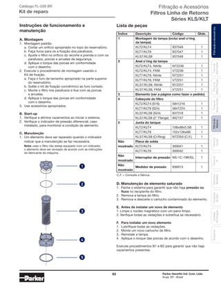 83 Parker Hannifin Ind. Com. Ltda.
Arujá, SP - Brasil
FiltraçãoeAcessóriosFiltrosde
Retorno
Filtrosde
Sucção
Filtrosde
Ar
Unidades
deFiltragem
AcessóriosElementos
Blindados
Trocadores
deCalor
Filtrosde
BaixaPressão
Filtrosde
MédiaPressão
Filtrosde
AltaPressão
Catálogo FL-036 BR
Kit de reparo
Instruções de funcionamento e
manutenção
A.	Montagem
1.	 Montagem padrão.
	 a.	Cortar um orifício apropriado no topo do reservatório.
	 b.	Faça furos para os a fixação dos parafusos.
	 c.	Ajuste o filtro no orifício do recorte e prenda-o com os
		 parafusos, porcas e arruelas de segurança.
	 d.	Aplique o torque das porcas em conformidade
		 com o desenho.
2.	 Execute o procedimento de montagem usando o
	 Kit de fixação.
	 a.	Faça o furo de tamanho apropriado na parte superior
		 do reservatório.
	 b.	Solde o kit de fixação concêntrico ao furo cortado.
	 c.	Monte o filtro nos parafusos e fixe com as porcas
		 e arruelas.
	 d.	Aplique o torque das porcas em conformidade
		 com o desenho.
3.	 Use acessórios apropriados.
B.	Start-up
1.	 Verifique e elimine vazamentos ao iniciar o sistema.
2.	 Verifique o indicador de pressão diferencial, caso
	 instalado, para monitorar a condição de elemento.
C.	Manutenção
1.	 Um elemento deve ser reparado quando o indicador
	 indicar que a manutenção se faz necessária.
	 Nota: caso o filtro não esteja equipado com um indicador,
	 o elemento deve ser revisado de acordo com as instruções
	 do fabricante da máquina.
D.	Manutenção de elemento saturado
1.	 Feche o sistema para garantir que não haja pressão ou
	fluxo no recipiente do filtro.
2.	 Remova a tampa do filtro.
3.	 Remova e descarte o cartucho contaminado do elemento.
E.	 Antes de instalar um novo de elemento
1. Limpe o núcleo magnético com um pano limpo.
2. Verifique todas as vedações e substitua se necessário.
F.	 Para instalar um novo elemento
1.	 Lubrifique todas as vedações.
2.	 Monte um novo cartucho de filtro.
3.	 Reinstale a tampa.
4.	 Aplique o torque das porcas de acordo com o desenho.
Execute procedimentos B1 e B2 para garantir que não haja
vazamentos presentes.
Lista de peças
Índice	Descrição	 Código	 Qtde.
1	 Montagem da tampa (inclui anel o’ring
	 da tampa)
	 KLT2/KLT4	 937049	 1
	 KLT7/KLT8	 937047	 1
	 KLS7/KLS8	 937048	 1
2	 Anel o’ring da tampa		
	 KLT2/KLT4, Nitrile	 N72239	 1
	 KLT2/KLT4, FKM	 V72239	 1
	 KLT7/KLT8, Nitrile	 N72251	 1
	 KLT7/KLT8, FKM	 V72251	 1
	 KLS7/KLS8, Nitrile	 N72251	 1
	 KLS7/KLS8, FKM	 V72251	 1
3	 Elemento (ver a página como fazer o pedido)	
4	 Cabeçote do filtro		
	 KLT2/KLT4 (S16)	 5841216	 1
	 KLT7/KLT8 (S24)	 5841224	 1
	 KLS7/KLS8 (S24)	 937318	 1
	 KLS7/KLS8 (2” Flange)	 942157	 1
5	 Junta do tanque		
	 KLT2/KLT4	 108x98x5.5B	 1
	 KLT7/KLT8	 152x136x6B	 1
	 KLS7/KLS8 (O-Ring)	 N72355 (C.F.)	 1
Não	 Placa de solda		
mostrado	 KLT2/KLT4	 300041	 1
	 KLT7/KLT8	 300042	 1
Não	
Interruptor de pressão	 NS-1C-19R/EL	 1
mostrado	
Não	
Medidor de pressão	 936913	 1
mostrado
1
3
2
4
5
C.F. = Consulte a fábrica.
Filtração e Acessórios
Filtros Linha de Retorno
Séries KLS/KLT
 