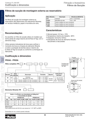 86 Parker Hannifin Ind. Com. Ltda.
Arujá, SP - Brasil
FiltraçãoeAcessóriosFiltrosde
Sucção
Filtrosde
Ar
Unidades
deFiltragem
AcessóriosElementos
Blindados
Trocadores
deCalor
Filtrosde
Retorno
Filtrosde
BaixaPressão
Filtrosde
MédiaPressão
Filtrosde
AltaPressão Filtração e Acessórios
Filtros de Sucção
FR24A - FR25A
Filtros de sucção de montagem externa ao reservatório
Aplicação
Os filtros de sucção de montagem externa ao
reservatório são disponíveis com elementos filtrantes
em tecidos metálicos, papel e microfibra de vidro.
Recomendações
Ao escolher um filtro de sucção utilize um modelo que
tenha perda de carga máxima de 0,07bar (2"Hg), com o
elemento limpo.
Utilize sempre indicadores de troca para verificar o
momento da troca ou limpeza do elemento filtrante
e evitar a cavitação da bomba (vácuo máximo de
0,16bar (5"Hg) na sucção ou conforme a orientação do
fabricante).
Características
• Válvula bypass: 0,2 bar ± 10%
• Temperatura máxima de trabalho : 80ºC
• Vedações: borracha nitrílica
• Indicadores de troca do elemento filtrante:
	 Vacuômetro e Vacuostato
Tomadas
Rosca de 3/8"x16UNC
Prof. 12mm
Tomadas para
acessórios de
1/8” NPT
Ø129
140
72
39
A
ENTRADA
SAIDA
Catálogo FL-036 BR
Codificação e dimensões
Codificação e dimensões
	Meio filtrante	 Descrição	 Eficiência (ISO4572)
	010	 Celulose	 ß10 ≥ 5 (nominal)
	010FV	 Microfibra de vidro	 ß10 ≥ 200
	040M	 Tecido metálico em aço inoxidável
	074M	 Tecido metálico em aço inoxidável
	149M	 Tecido metálico em aço inoxidável
Observação:
Para vazões acima de 30 l/min use roscas de 1 1/2" (NPT ou BSP).
Vazão x ∆p (Fluido com densidade de 0,86kg/dm³
e viscosidade de 32cSt)
	 ∆p	 FR24(l/min) 	 FR25(l/min)
	 bar	 “Hg 	 010	 010FV	074M	125M	 010	 010FV	074M	125M
	0,033	 1	 12	 6	 20	 22	 15	 7	 26	 30
	0,066	 2	 24	 12	 40	 44	 30	 15	 52	 55
	0,100	 3	 36	 18	 60	 65	 45	 23	 70	 75
V - Vacuômetro
VS - Vacuostato
VSZ4 - Vacuostato
Indicadores
de troca
Tomadas
Filtro completo: FR A
Elemento filtrante: FR
Meio
filtrante
DescriçãoModelo
A
mm
322
/0-sem
bypass
377
10N - 1 1/4” NPT
10B - 1 1/4” BSP
12N - 1 1/2” NPT
12B - 1 1/2” BSP
010
010FV
074M
125M
Celulose
Microfibra de vidro
Tecido metálico em aço inoxidável
Tecido metálico em aço inoxidável
24
25
Bypass
Dimensões em mm, exceto quando indicado.
 