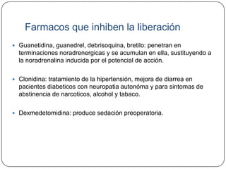 Farmacos que inhiben la liberación
 Guanetidina, guanedrel, debrisoquina, bretilo: penetran en
  terminaciones noradrenergicas y se acumulan en ella, sustituyendo a
  la noradrenalina inducida por el potencial de acción.

 Clonidina: tratamiento de la hipertensión, mejora de diarrea en
  pacientes diabeticos con neuropatia autonóma y para sintomas de
  abstinencia de narcoticos, alcohol y tabaco.

 Dexmedetomidina: produce sedación preoperatoria.
 