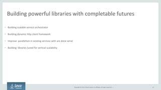 Copyright © 2015, Oracle and/or its affiliates. All rights reserved. |
Building powerful libraries with completable futures
• Building scalable service orchestrator
• Building dynamic http client framework
• Improve parallelism in existing services with are done serial
• Building libraries tuned for vertical scalability
21
 