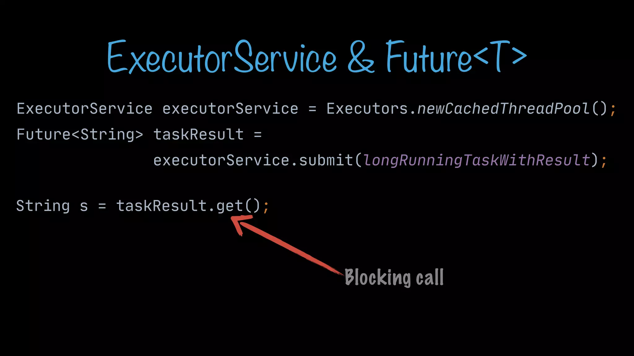 ExecutorService & Future<T> ExecutorService executorService = Executors.newCachedThreadPool(); Future<String> taskResult = executorService.submit(longRunningTaskWithResult); String s = taskResult.get(); Blocking call 
