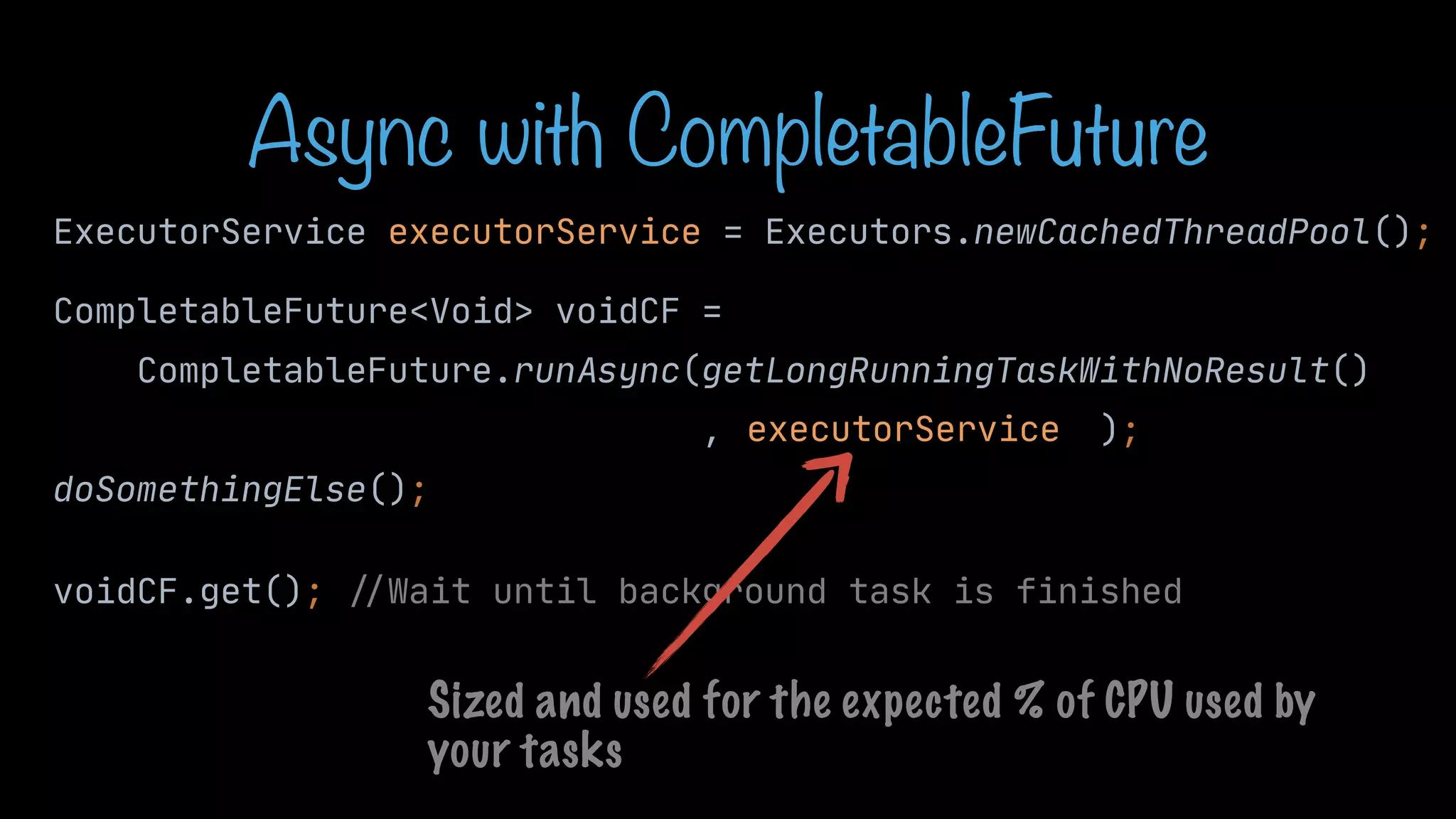 Async with CompletableFuture CompletableFuture<Void> voidCF = CompletableFuture.runAsync(getLongRunningTaskWithNoResult() , ); doSomethingElse(); voidCF.get(); / / Wait until background task is finished ExecutorService executorService = Executors.newCachedThreadPool(); executorService Sized and used for the expected % of CPU used by your tasks 