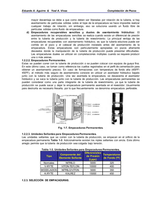 Eduardo A. Aguirre & Yoel A. Vivas Completación de Pozos
mayor desventaja se debe a que como deben ser liberadas por rotación de la tubería, si hay
asentamiento de partículas sólidas sobre el tope de la empacadura se hace imposible realizar
cualquier trabajo de rotación, sin embargo, eso se soluciona usando un fluido libre de
partículas sólidas como fluido de empacadura.
d) Empacaduras recuperables sencillas y duales de asentamiento hidráulico: El
asentamiento de las empacaduras sencillas se realiza cuando existe un diferencial de presión
entre la tubería de producción y la tubería de revestimiento. La principal ventaja de las
empacaduras recuperables con asentamiento hidráulico, es que la tubería eductora puede ser
corrida en el pozo y el cabezal de producción instalado antes del asentamiento de la
empacadura. Estas empacaduras son particularmente apropiadas en pozos altamente
desviados donde la manipulación de la tubería de producción puede presentar dificultades.
Las empacaduras duales se utilizan en completaciones múltiples cuando se requiere producir
una o más arenas.
1.2.2.2. Empacaduras Permanentes.
Estas se pueden correr con la tubería de producción o se pueden colocar con equipos de guaya fina.
En este último caso, se toman como referencia los cuellos registrados en el perfil de cementación para
obtener un asentamiento preciso. En caso de formaciones con temperatura de fondo alta (400ºF-
450ºF), el método más seguro de asentamiento consiste en utilizar un asentador hidráulico bajado
junto con la tubería de producción. Una vez asentada la empacadura, se desasienta el asentador
hidráulico y se saca la tubería junto con la tubería de producción. Las empacaduras permanentes se
pueden considerar como una parte integrante de la tubería de revestimiento, ya que la tubería de
producción se puede sacar y dejar la empacadura permanente asentada en el revestidor. Usualmente
para destruirla es necesario fresarla, por lo que frecuentemente se denomina empacadura perforable.
Fig. 1-7. Empacaduras Permanentes.
1.2.2.3. Unidades Sellantes para Empacaduras Permanentes.
Las unidades sellantes que se corren con la tubería de producción, se empacan en el orificio de la
empacadura permanente Tabla 1-3. Adicionalmente existen los niples sellantes con ancla. Este último
arreglo permite que la tubería de producción sea colgada bajo tensión.
Tabla 1-3. Unidades Sellantes para Empacaduras Permanentes.
Tipo
Componente del
Elemento Sellante
Diferenciales
de Presión
(Lppc)
Temperaturas
de Fondo (ºF)
Normales NITRILO 5000 325
V-RYTE VITON-TEFLON 10000 400
MODELADOS NITRILO/VITON 5000 350
K-RYTE KALREZ 15000 450
1.2.3. SELECCIÓN DE EMPACADURAS.
 