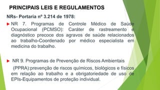 PRINCIPAIS LEIS E REGULAMENTOS
NRs- Portaria nº 3.214 de 1978:
 NR 7. Programas de Controle Médico de Saúde
Ocupacional (PCMSO): Caráter de rastreamento e
diagnóstico precoce dos agravos de saúde relacionados
ao trabalho-Coordenado por médico especialista em
medicina do trabalho.
 NR 9. Programas de Prevenção de Riscos Ambientais
(PPRA):prevenção de riscos químicos, biológicos e físicos
em relação ao trabalho e a obrigatoriedade de uso de
EPIs-Equipamentos de proteção individual.
 