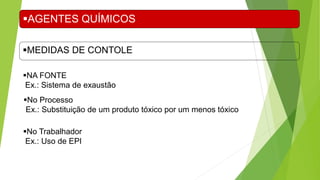 AGENTES QUÍMICOS
MEDIDAS DE CONTOLE
NA FONTE
Ex.: Sistema de exaustão
No Processo
Ex.: Substituição de um produto tóxico por um menos tóxico
No Trabalhador
Ex.: Uso de EPI
 