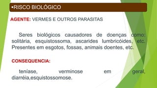 AGENTE: VERMES E OUTROS PARASITAS
Seres biológicos causadores de doenças como:
solitária, esquistossoma, ascarides lumbricóides, etc.
Presentes em esgotos, fossas, animais doentes, etc.
RISCO BIOLÓGICO
CONSEQUENCIA:
teníase, verminose em geral,
diarréia,esquistossomose.
 