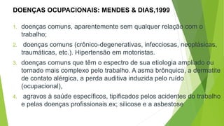 DOENÇAS OCUPACIONAIS: MENDES & DIAS,1999
1. doenças comuns, aparentemente sem qualquer relação com o
trabalho;
2. doenças comuns (crônico-degenerativas, infecciosas, neoplásicas,
traumáticas, etc.). Hipertensão em motoristas.
3. doenças comuns que têm o espectro de sua etiologia ampliado ou
tornado mais complexo pelo trabalho. A asma brônquica, a dermatite
de contato alérgica, a perda auditiva induzida pelo ruído
(ocupacional),
4. agravos à saúde específicos, tipificados pelos acidentes do trabalho
e pelas doenças profissionais.ex; silicose e a asbestose
 