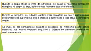 Quando o corpo atinge o limite de nitrogênio ele passa a não mais armazenar
nitrogênio no corpo, ou seja, a partir desse momento tudo que entra sai.
Durante o mergulho, os pulmões captam mais nitrogênio do que o que estamos
acostumados na superfície já que a pressão é aumentada e isso eleva a densidade
do gás.
Ao invés de ser normalmente exalado o excedente de nitrogênio acaba sendo
dissolvido nos tecidos corporais enquanto a pressão no ambiente aumenta ou
continua a mesma.
 