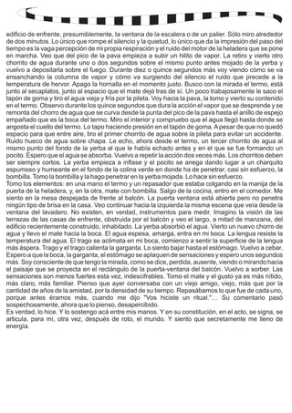edificio de enfrente, presumiblemente, la ventana de la escalera o de un palier. Sólo miro alrededor 
de dos minutos. Lo único que rompe el silencio y la quietud, lo único que da la impresión del paso del 
tiempo es la vaga percepción de mi propia respiración y el ruido del motor de la heladera que se pone 
en marcha. Veo que del pico de la pava empieza a subir un hilito de vapor. La retiro y vierto otro 
chorrito de agua durante uno o dos segundos sobre el mismo punto antes mojado de la yerba y 
vuelvo a depositarla sobre el fuego. Durante diez o quince segundos más voy viendo cómo se va 
ensanchando la columna de vapor y cómo va surgiendo del silencio el ruido que precede a la 
temperatura de hervor. Apago la hornalla en el momento justo. Busco con la mirada el termo, está 
junto al secaplatos, junto al espacio que el mate dejó tras de sí. Un poco trabajosamente le saco el 
tapón de goma y tiro el agua vieja y fría por la pileta. Voy hacia la pava, la tomo y vierto su contenido 
en el termo. Observo durante los quince segundos que dura la acción el vapor que se desprende y se 
remonta del chorro de agua que se curva desde la punta del pico de la pava hasta el anillo de espejo 
empañado que es la boca del termo. Miro el interior y compruebo que el agua llegó hasta donde se 
angosta el cuello del termo. Lo tapo haciendo presión en el tapón de goma. A pesar de que no quedó 
espacio para que entre aire, tiro el primer chorrito de agua sobre la pileta para evitar un accidente. 
Ruido hueco de agua sobre chapa. Le echo, ahora desde el termo, un tercer chorrito de agua al 
mismo punto del fondo de la yerba al que le había echado antes y en el que se fue formando un 
pocito. Espero que el agua se absorba. Vuelvo a repetir la acción dos veces más. Los chorritos deben 
ser siempre cortos. La yerba empieza a inflase y el pocito se anega dando lugar a un charquito 
espumoso y humeante en el fondo de la colina verde en donde ha de penetrar, casi sin esfuerzo, la 
bombilla. Tomo la bombilla y la hago penetrar en la yerba mojada. Lo hace sin esfuerzo. 
Tomo los elementos: en una mano el termo y un repasador que estaba colgando en la manija de la 
puerta de la heladera, y, en la otra, mate con bombilla. Salgo de la cocina, entro en el comedor. Me 
siento en la mesa despejada de frente al balcón. La puerta ventana está abierta pero no penetra 
ningún tipo de brisa en la casa. Veo continuar hacia la izquierda la misma escena que veía desde la 
ventana del lavadero. No existen, en verdad, instrumentos para medir. Imagino la visión de las 
terrazas de las casas de enfrente, obstruida por el balcón y veo el largo, a mitad de manzana, del 
edificio recientemente construido, inhabitado. La yerba absorbió el agua. Vierto un nuevo chorro de 
agua y llevo el mate hacia la boca. El agua espesa, amarga, entra en mi boca. La lengua resiste la 
temperatura del agua. El trago se aclimata en mi boca, comienzo a sentir la superficie de la lengua 
más áspera. Trago y el trago calienta la garganta. Lo siento bajar hasta el estómago. Vuelvo a cebar. 
Espero a que la boca, la garganta, el estómago se aplaquen de sensaciones y espero unos segundos 
más. Soy consciente de que tengo la mirada, como se dice, perdida, ausente, viendo o mirando hacia 
el paisaje que se proyecta en el rectángulo de la puerta-ventana del balcón. Vuelvo a sorber. Las 
sensaciones son menos fuertes esta vez, indescifrables. Tomo el mate y el gusto ya es más nítido, 
más claro, más familiar. Pienso que ayer conversaba con un viejo amigo, viejo, más que por la 
cantidad de años de la amistad, por la densidad de su tiempo. Repasábamos lo que fue de cada uno, 
porque antes éramos más, cuando me dijo "Vos hiciste un ritual."… Su comentario pasó 
sospechosamente, ahora que lo pienso, desapercibido. 
Es verdad, lo hice. Y lo sostengo acá entre mis manos. Y en su constitución, en el acto, se signa, se 
articula, para mí, otra vez, después de roto, el mundo. Y siento que secretamente me lleno de 
energía. 
 