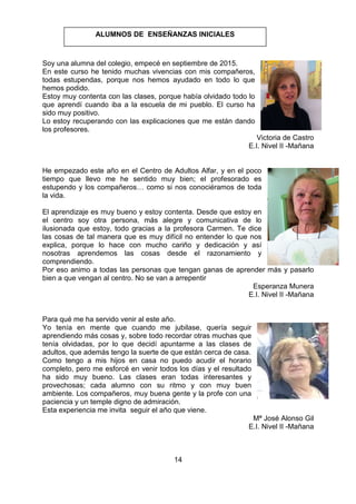 14
Soy una alumna del colegio, empecé en septiembre de 2015.
En este curso he tenido muchas vivencias con mis compañeros,
todas estupendas, porque nos hemos ayudado en todo lo que
hemos podido.
Estoy muy contenta con las clases, porque había olvidado todo lo
que aprendí cuando iba a la escuela de mi pueblo. El curso ha
sido muy positivo.
Lo estoy recuperando con las explicaciones que me están dando
los profesores.
Victoria de Castro
E.I. Nivel II -Mañana
He empezado este año en el Centro de Adultos Alfar, y en el poco
tiempo que llevo me he sentido muy bien; el profesorado es
estupendo y los compañeros… como si nos conociéramos de toda
la vida.
El aprendizaje es muy bueno y estoy contenta. Desde que estoy en
el centro soy otra persona, más alegre y comunicativa de lo
ilusionada que estoy, todo gracias a la profesora Carmen. Te dice
las cosas de tal manera que es muy difícil no entender lo que nos
explica, porque lo hace con mucho cariño y dedicación y así
nosotras aprendemos las cosas desde el razonamiento y
comprendiendo.
Por eso animo a todas las personas que tengan ganas de aprender más y pasarlo
bien a que vengan al centro. No se van a arrepentir
Esperanza Munera
E.I. Nivel II -Mañana
Para qué me ha servido venir al este año.
Yo tenía en mente que cuando me jubilase, quería seguir
aprendiendo más cosas y, sobre todo recordar otras muchas que
tenía olvidadas, por lo que decidí apuntarme a las clases de
adultos, que además tengo la suerte de que están cerca de casa.
Como tengo a mis hijos en casa no puedo acudir el horario
completo, pero me esforcé en venir todos los días y el resultado
ha sido muy bueno. Las clases eran todas interesantes y
provechosas; cada alumno con su ritmo y con muy buen
ambiente. Los compañeros, muy buena gente y la profe con una
paciencia y un temple digno de admiración.
Esta experiencia me invita seguir el año que viene.
Mª José Alonso Gil
E.I. Nivel II -Mañana
ALUMNOS DE ENSEÑANZAS INICIALES
 