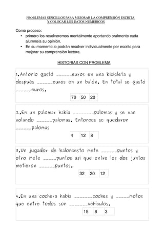              PROBLEMAS SENCILLOS PARA MEJORAR LA COMPRENSIÓN ESCRITA 
                                      Y COLOCAR LOS ...