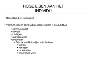 HOGE EISEN AAN HET INDIVIDU Redelijkheid en rationaliteit Vaardigheden in geïndividualiseerde wereld (Foucault/Nuy) communicabel flexibel intelligent representatief productief Gebrek aan Natuurlijke wijkplaatsen: kermis het leger de koloniën ongeregeld werk 