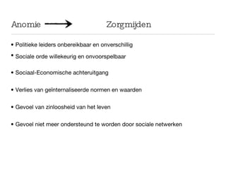Anomie  Zorgmijden Politieke leiders onbereikbaar en onverschillig Sociale orde willekeurig en onvoorspelbaar Sociaal-Economische achteruitgang Verlies van geïnternaliseerde normen en waarden Gevoel van zinloosheid van het leven Gevoel niet meer ondersteund te worden door sociale netwerken 