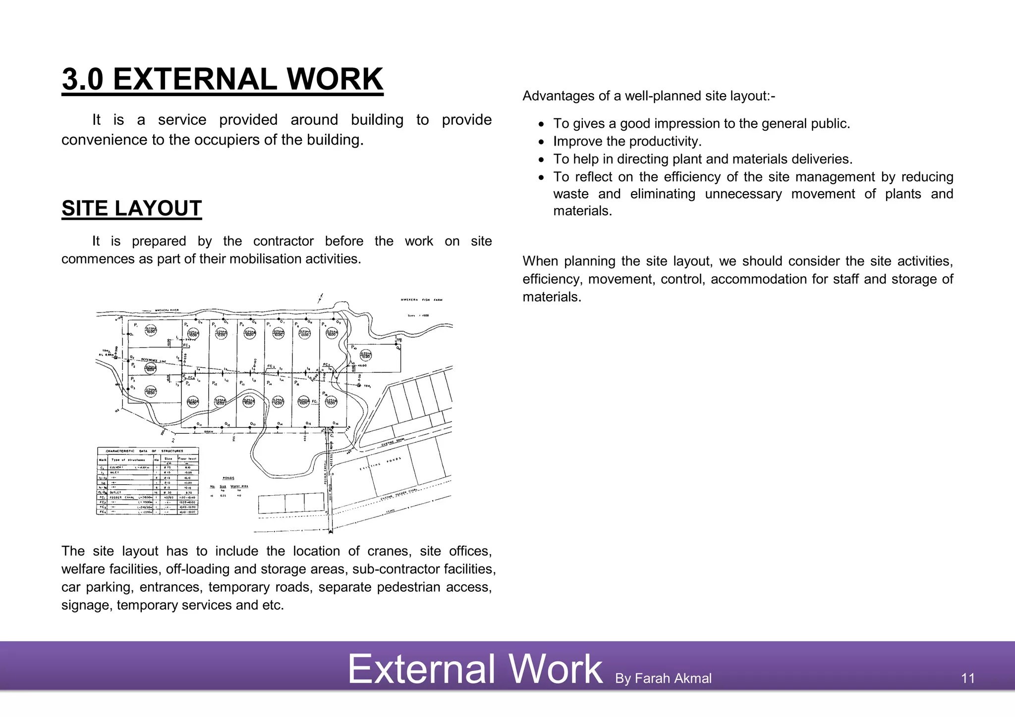 3.0 EXTERNAL WORK
It is a service provided around building to provide
convenience to the occupiers of the building.
SITE LAYOUT
It is prepared by the contractor before the work on site
commences as part of their mobilisation activities.
The site layout has to include the location of cranes, site offices,
welfare facilities, off-loading and storage areas, sub-contractor facilities,
car parking, entrances, temporary roads, separate pedestrian access,
signage, temporary services and etc.
Advantages of a well-planned site layout:-
 To gives a good impression to the general public.
 Improve the productivity.
 To help in directing plant and materials deliveries.
 To reflect on the efficiency of the site management by reducing
waste and eliminating unnecessary movement of plants and
materials.
When planning the site layout, we should consider the site activities,
efficiency, movement, control, accommodation for staff and storage of
materials.
External Work By Farah Akmal 11
 