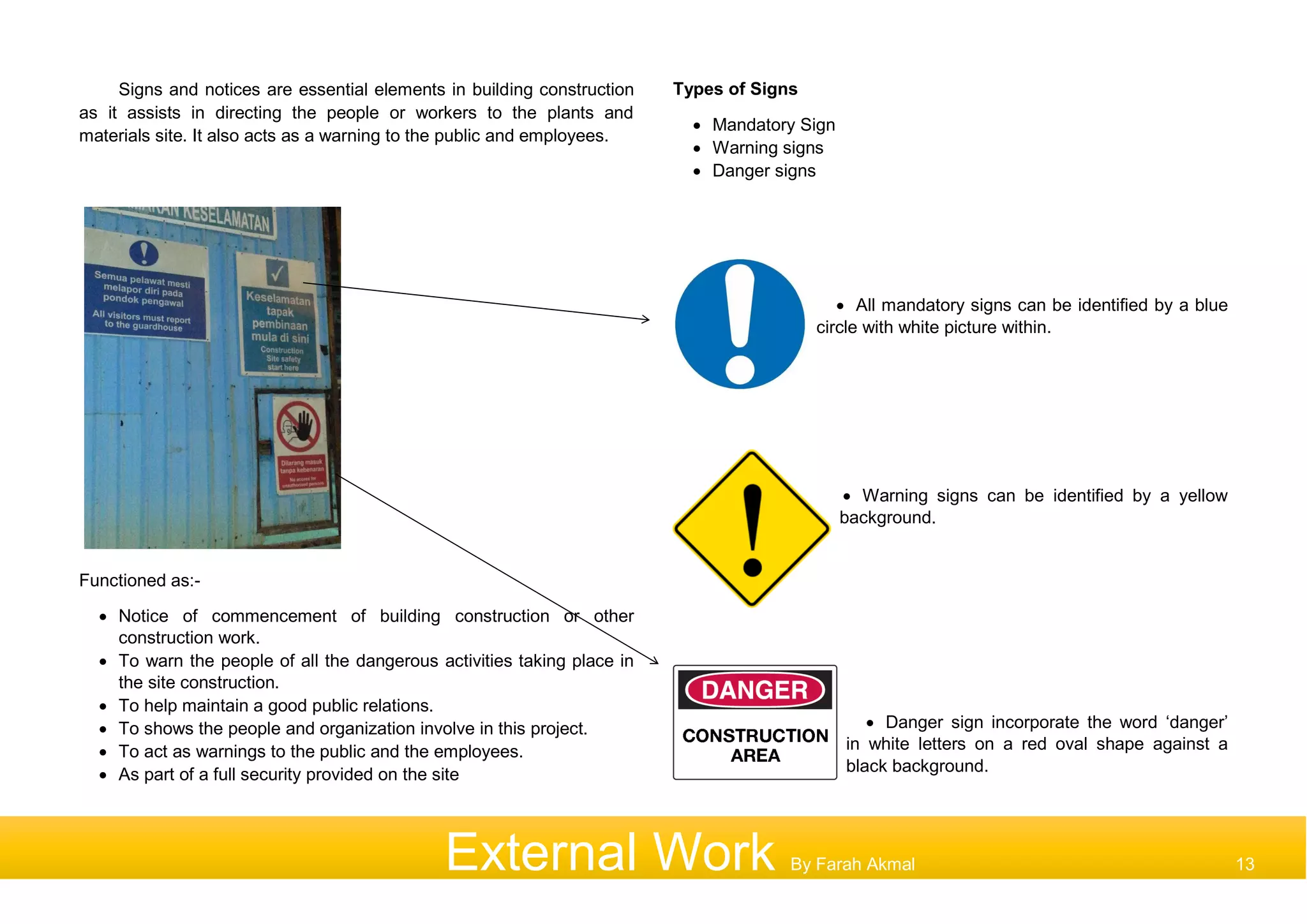 Signs and notices are essential elements in building construction
as it assists in directing the people or workers to the plants and
materials site. It also acts as a warning to the public and employees.
Functioned as:-
 Notice of commencement of building construction or other
construction work.
 To warn the people of all the dangerous activities taking place in
the site construction.
 To help maintain a good public relations.
 To shows the people and organization involve in this project.
 To act as warnings to the public and the employees.
 As part of a full security provided on the site
Types of Signs
 Mandatory Sign
 Warning signs
 Danger signs
 All mandatory signs can be identified by a blue
circle with white picture within.
 Warning signs can be identified by a yellow
background.
 Danger sign incorporate the word ‘danger’
in white letters on a red oval shape against a
black background.
External Work By Farah Akmal 13
 